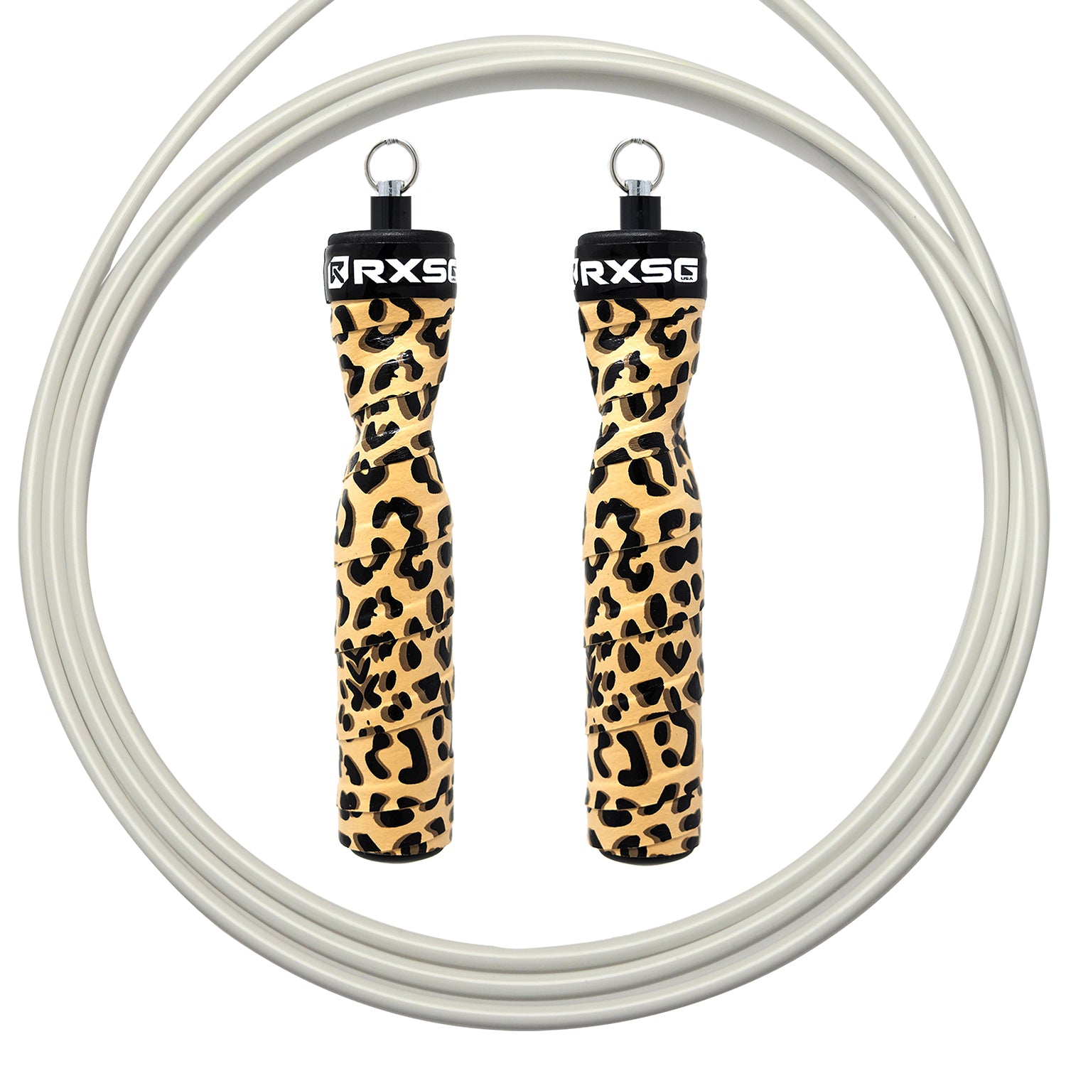 RXSG Rx Original CustomFit Leopard Print Jump Rope with White Buff Cable