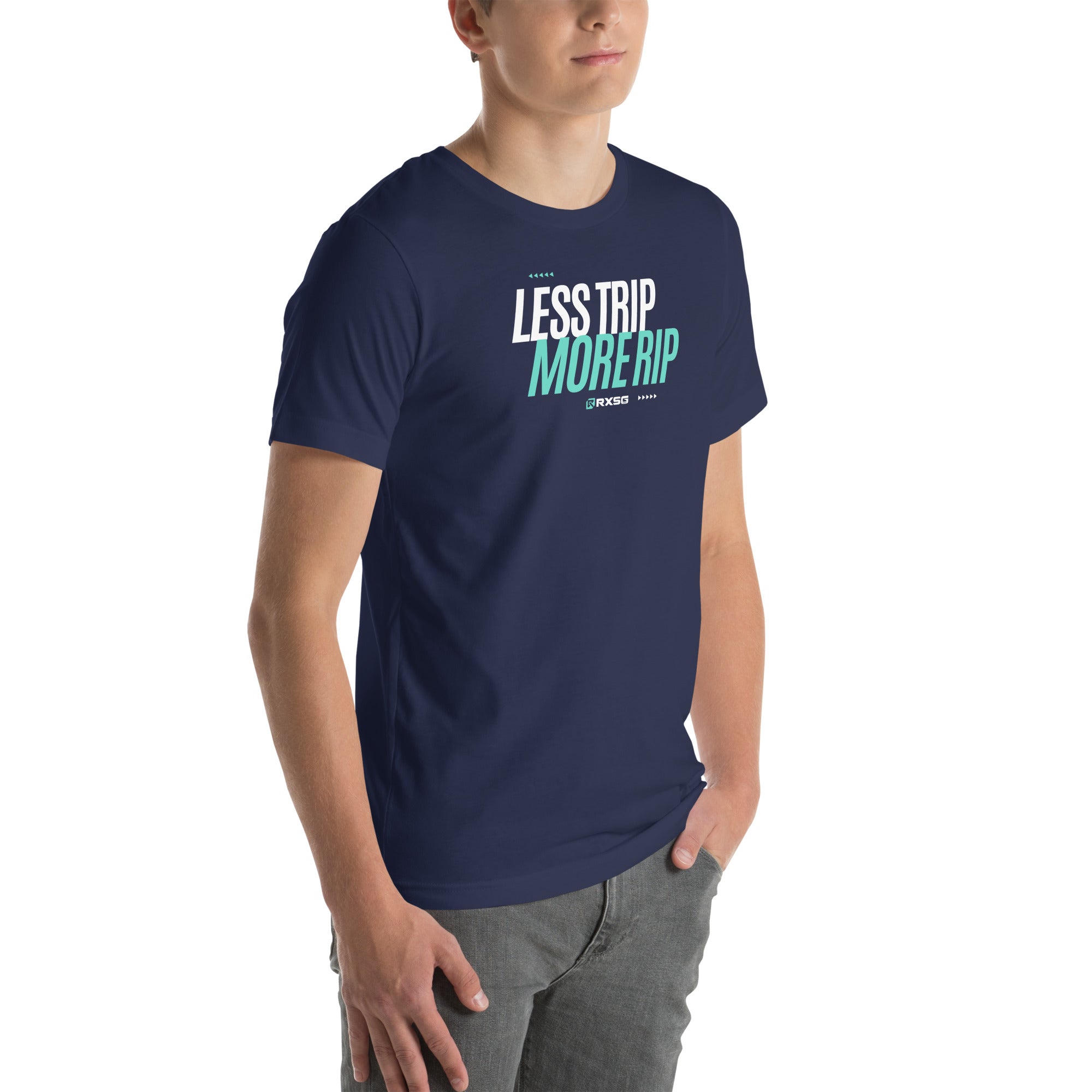 RXSG Less Trip, More Rip T-Shirt Front on Model 2