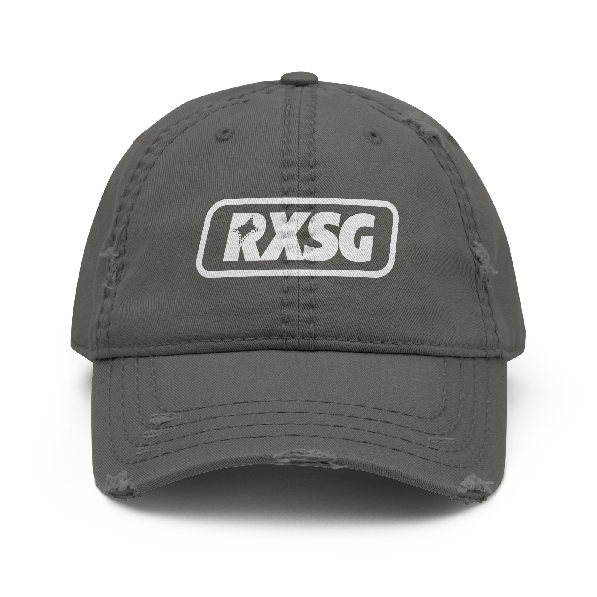 A dark gray distressed baseball cap featuring a white embroidered 'RXSG' logo patch on the front, shown against a plain white background.